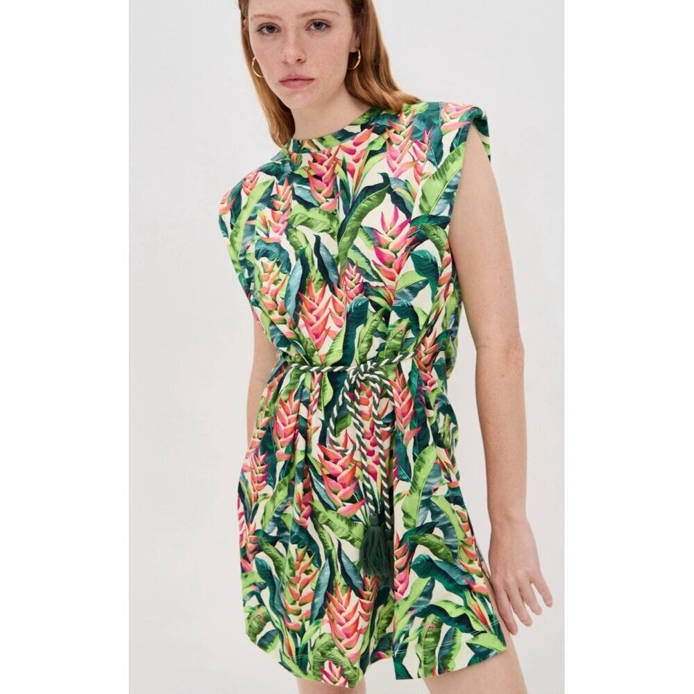 FARM Rio Heli Leaves Pearl T-Shirt Jersey Mini Dress Large Tropical casual - Picture 11 of 11